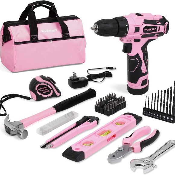12V Pink Cordless Drill Driver and Home Tool Kit, Hand Tool Set for DIY - Picture 1 of 6